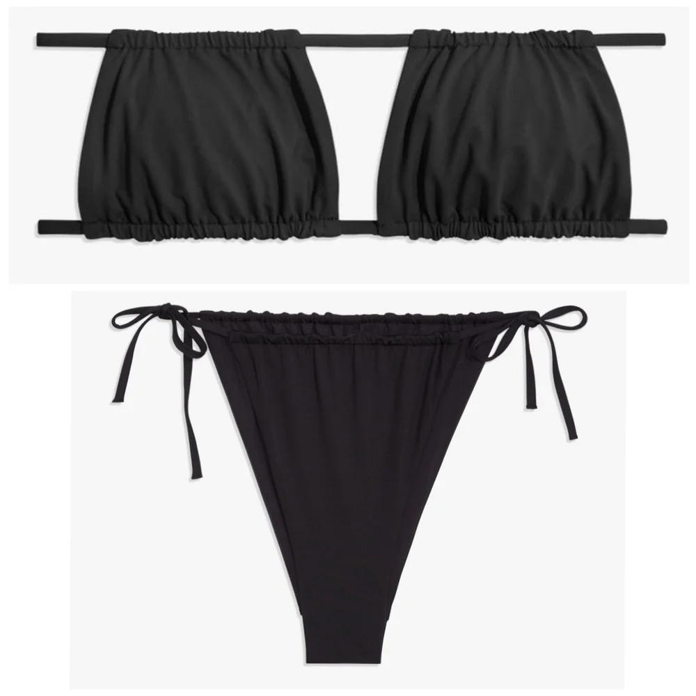 WeWoreWhat Ruched Bandeau Top High Leg Tie Side Bikini Bottoms in Black - Picture 1 of 6